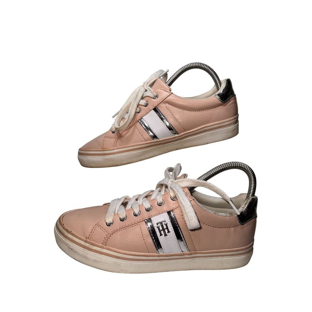 Tommy Hilfiger Womens Pink Leather Sneakers With White Laces & Metallic Accents - Picture 2 of 10